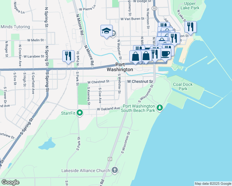 map of restaurants, bars, coffee shops, grocery stores, and more near 403 West Foster Street in Port Washington