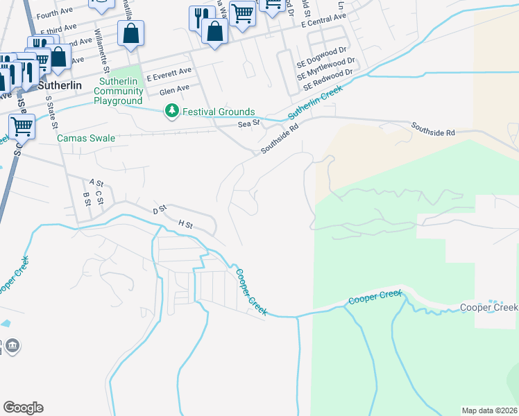 map of restaurants, bars, coffee shops, grocery stores, and more near 642 Brooks Loop in Sutherlin