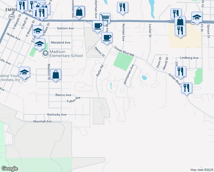 map of restaurants, bars, coffee shops, grocery stores, and more near 662 Village Pines Drive in Coos Bay