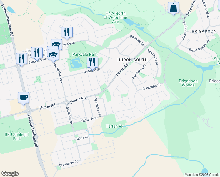 map of restaurants, bars, coffee shops, grocery stores, and more near 760 Huron Road in Kitchener