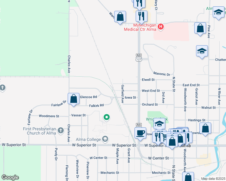 map of restaurants, bars, coffee shops, grocery stores, and more near 750 Iowa Street in Alma