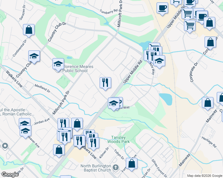 map of restaurants, bars, coffee shops, grocery stores, and more near in Burlington