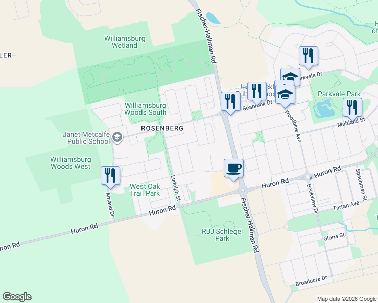 map of restaurants, bars, coffee shops, grocery stores, and more near 21 Postmaster Dr in Kitchener