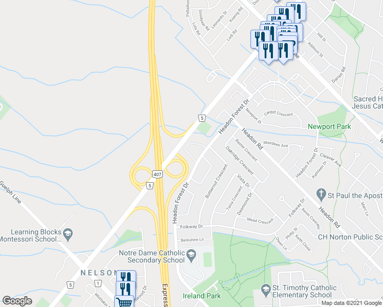 map of restaurants, bars, coffee shops, grocery stores, and more near 2470 Headon Forest Drive in Burlington