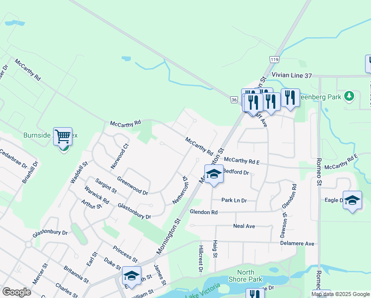map of restaurants, bars, coffee shops, grocery stores, and more near 22 Greenwood Drive in Stratford