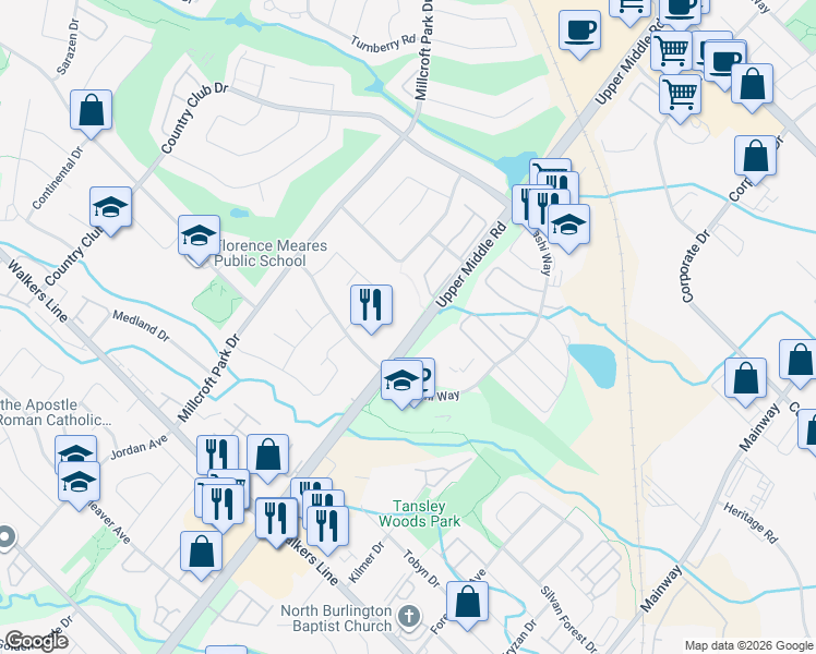 map of restaurants, bars, coffee shops, grocery stores, and more near 4165 Upper Middle Road in Burlington