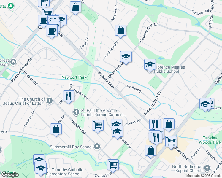 map of restaurants, bars, coffee shops, grocery stores, and more near 2230 Walkers Line in Burlington