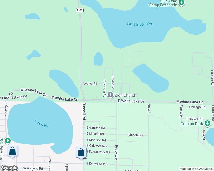 map of restaurants, bars, coffee shops, grocery stores, and more near 7090 Columbia Road in Twin Lake