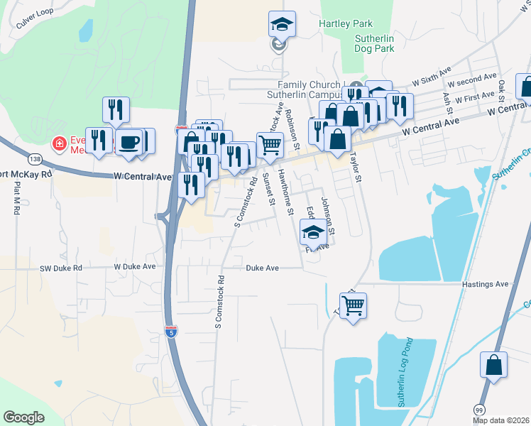 map of restaurants, bars, coffee shops, grocery stores, and more near 1321 Sunset Avenue in Sutherlin