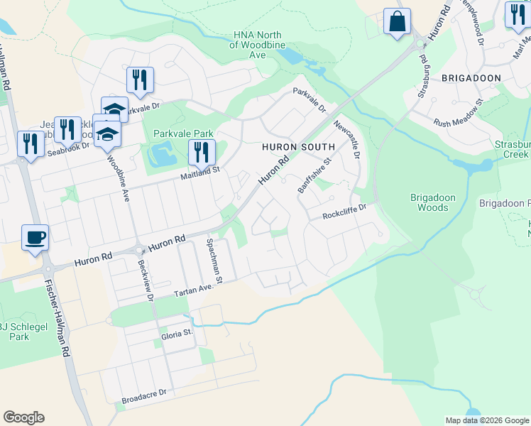 map of restaurants, bars, coffee shops, grocery stores, and more near 9 Shedrow Place in Kitchener