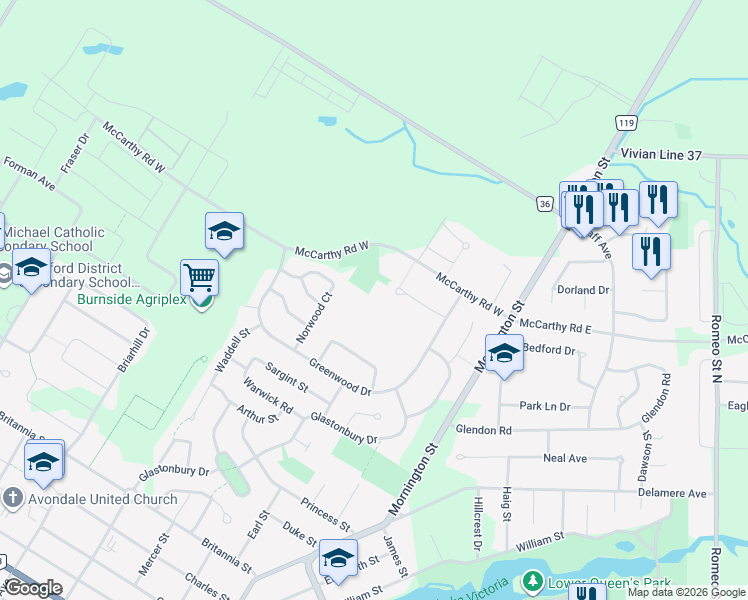 map of restaurants, bars, coffee shops, grocery stores, and more near 59 Campbell Court in Stratford