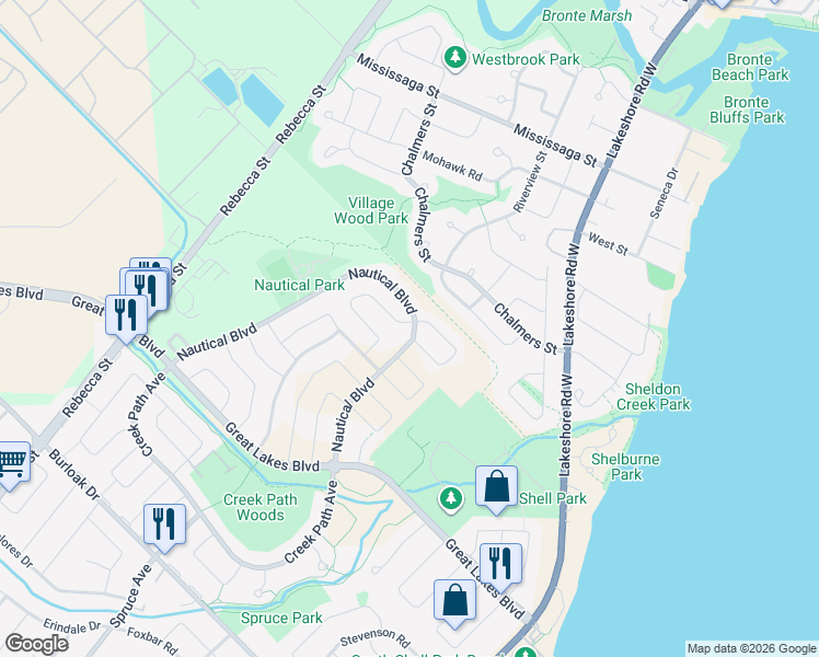 map of restaurants, bars, coffee shops, grocery stores, and more near 220 Nautical Boulevard in Oakville