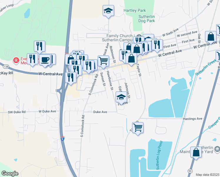 map of restaurants, bars, coffee shops, grocery stores, and more near 302 Sunset Street in Sutherlin