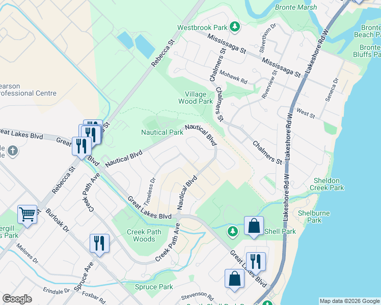 map of restaurants, bars, coffee shops, grocery stores, and more near 341 Admiral Drive in Oakville