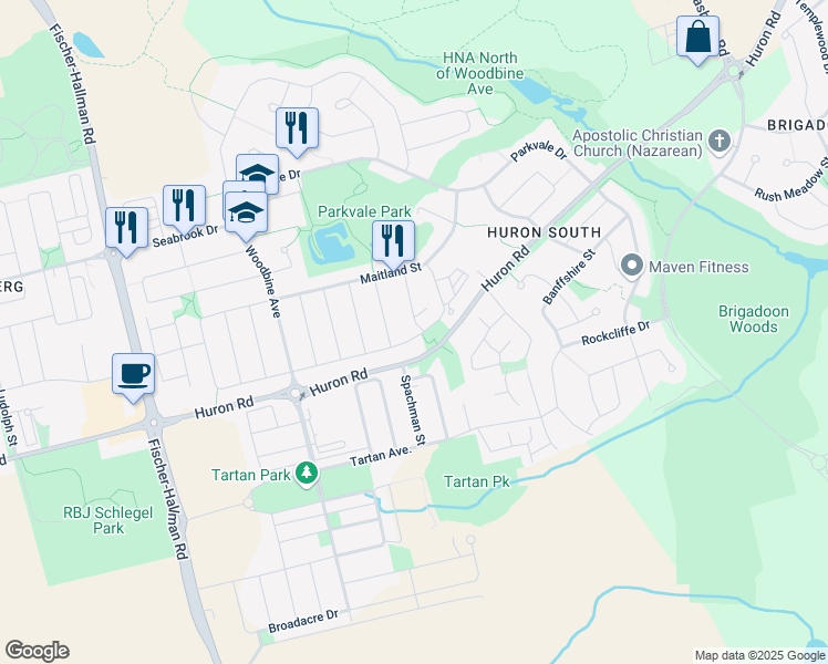 map of restaurants, bars, coffee shops, grocery stores, and more near 141 Rochefort Street in Kitchener
