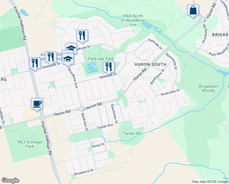 map of restaurants, bars, coffee shops, grocery stores, and more near 131 Rochefort Street in Kitchener