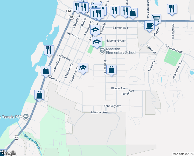 map of restaurants, bars, coffee shops, grocery stores, and more near 820 Webster Avenue in Coos Bay