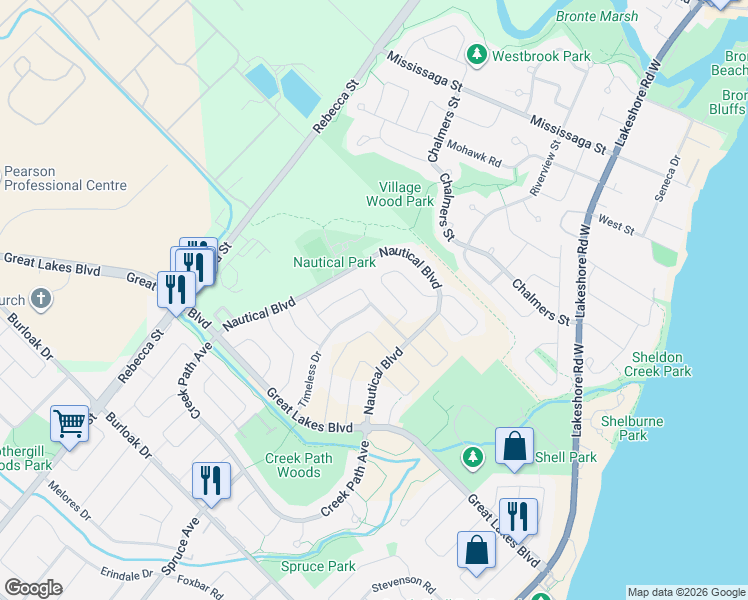 map of restaurants, bars, coffee shops, grocery stores, and more near 283 Turning Leaf Road in Oakville