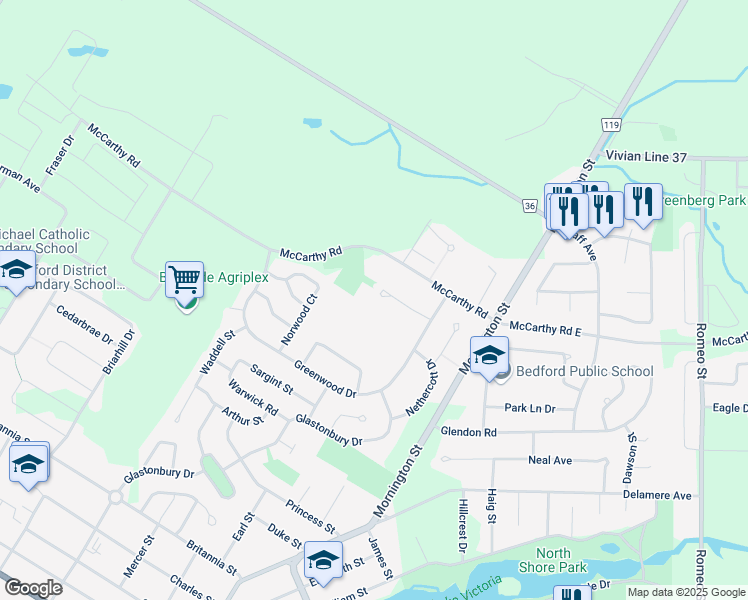 map of restaurants, bars, coffee shops, grocery stores, and more near 59 Campbell Court in Stratford