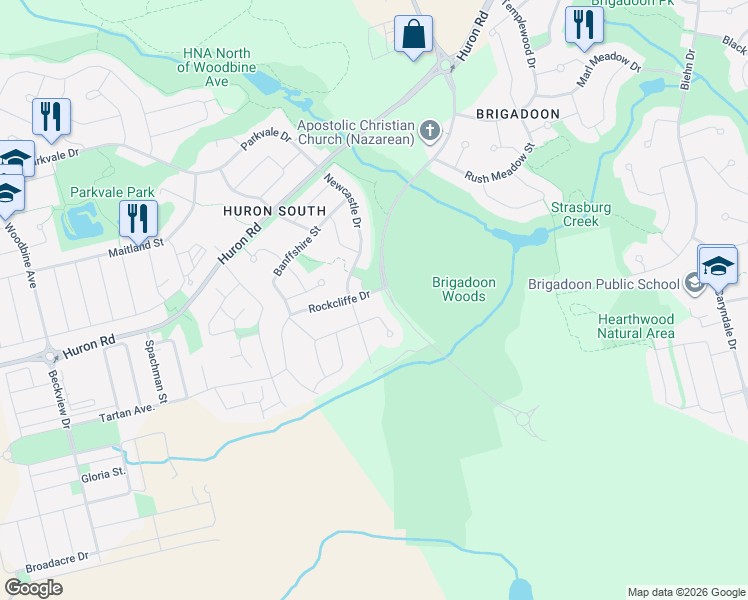 map of restaurants, bars, coffee shops, grocery stores, and more near 11 Rockcliffe Drive in Kitchener
