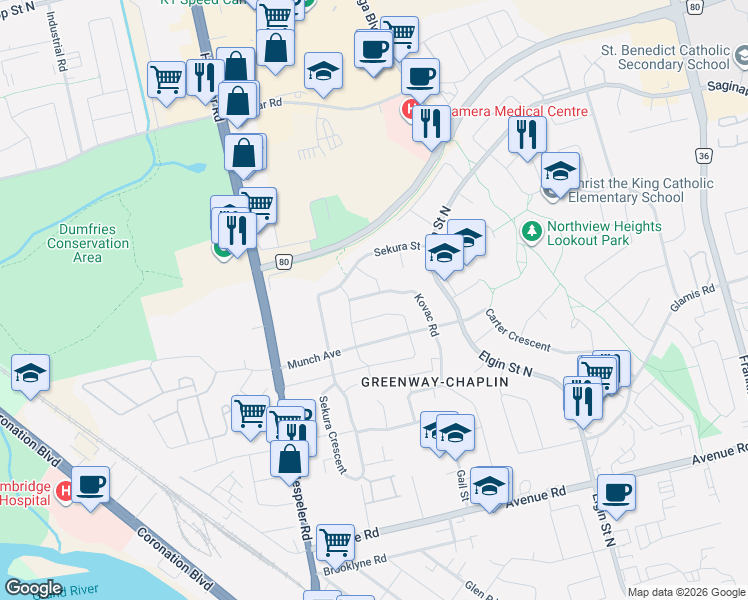 map of restaurants, bars, coffee shops, grocery stores, and more near 174 Kovac Road in Cambridge