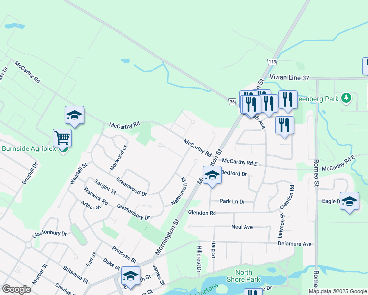 map of restaurants, bars, coffee shops, grocery stores, and more near 22 Greenwood Drive in Stratford