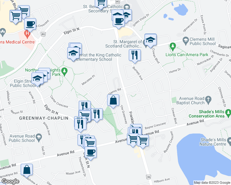 map of restaurants, bars, coffee shops, grocery stores, and more near 199 Glamis Road in Cambridge