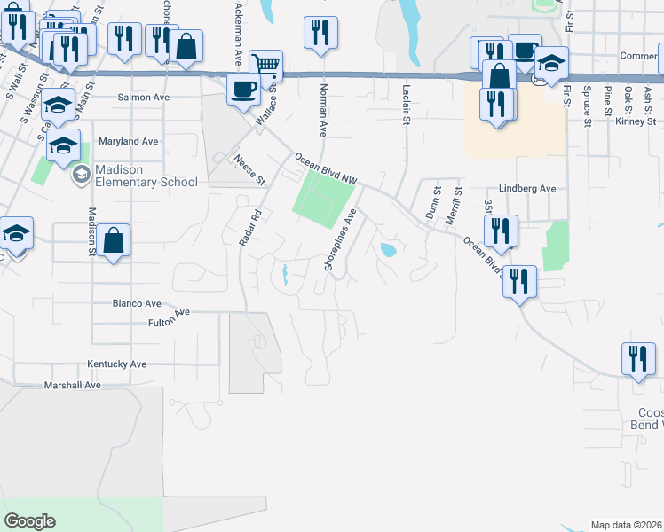 map of restaurants, bars, coffee shops, grocery stores, and more near 565 Shorepines Avenue in Coos Bay