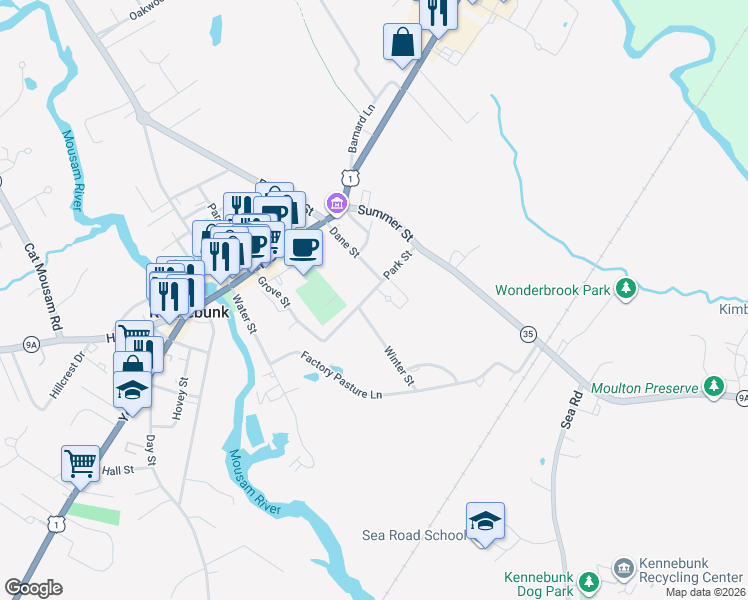map of restaurants, bars, coffee shops, grocery stores, and more near 18 Park Street in Kennebunk