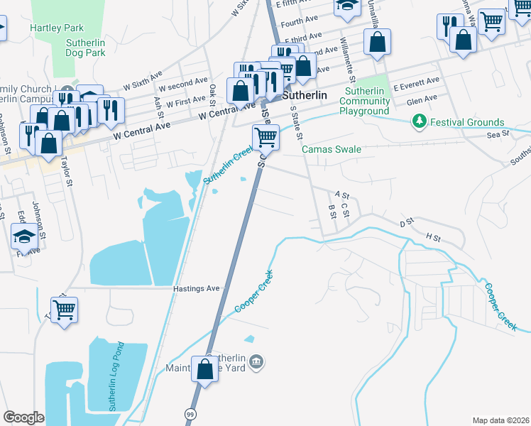 map of restaurants, bars, coffee shops, grocery stores, and more near 214 Valley Court in Sutherlin