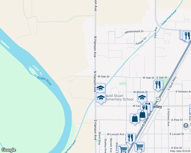 map of restaurants, bars, coffee shops, grocery stores, and more near 498 West Oak Street in Shelley