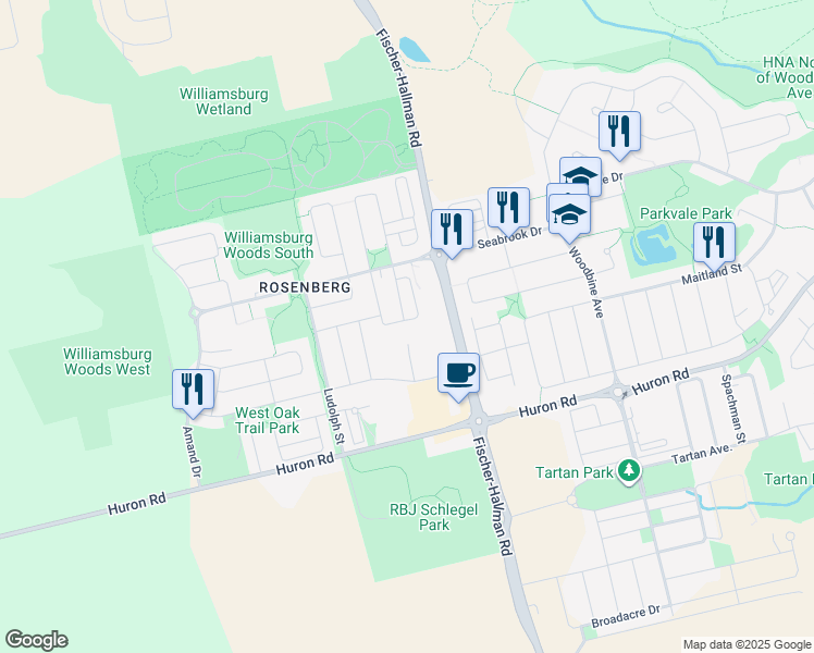 map of restaurants, bars, coffee shops, grocery stores, and more near 84 Glenvista Drive in Kitchener