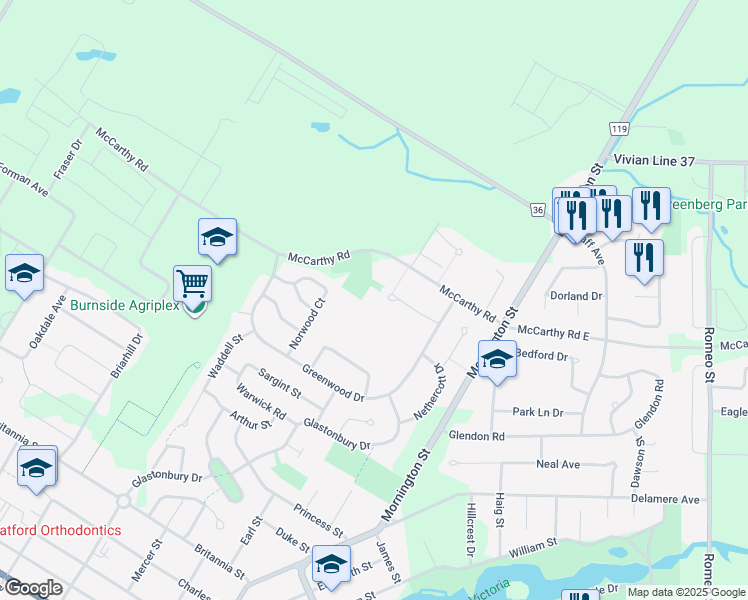 map of restaurants, bars, coffee shops, grocery stores, and more near 59 Campbell Court in Stratford