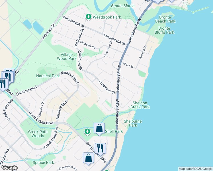 map of restaurants, bars, coffee shops, grocery stores, and more near 117 Chalmers Street in Oakville