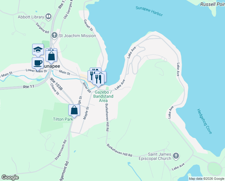 map of restaurants, bars, coffee shops, grocery stores, and more near 15 Lake Avenue in Sunapee