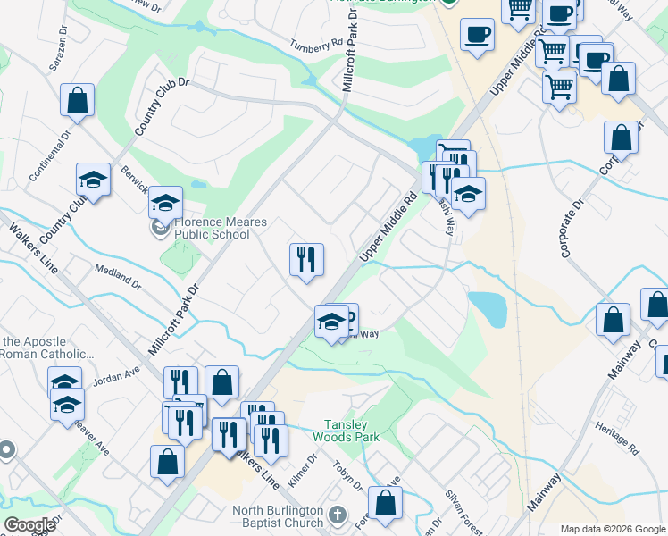 map of restaurants, bars, coffee shops, grocery stores, and more near 4165 Upper Middle Road in Burlington