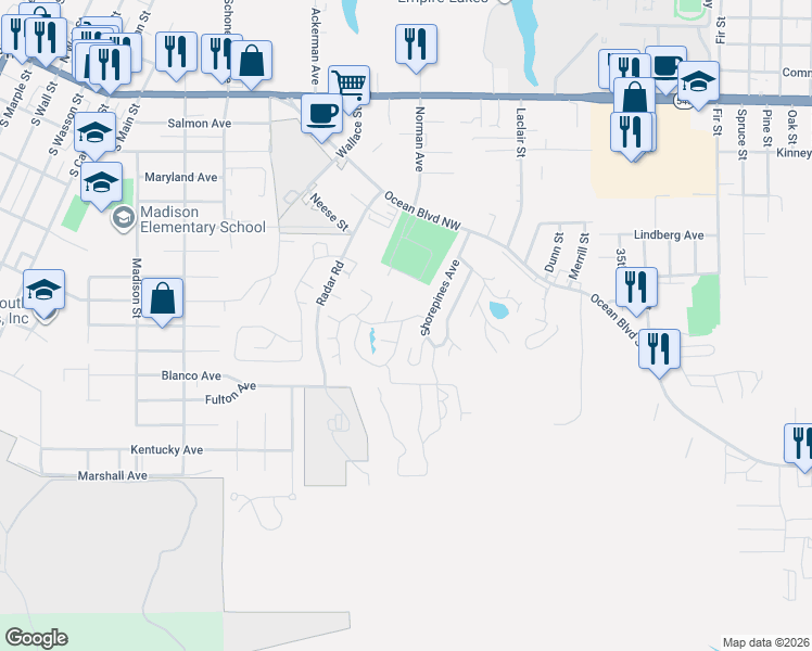 map of restaurants, bars, coffee shops, grocery stores, and more near 670 Village Pines Drive in Coos Bay