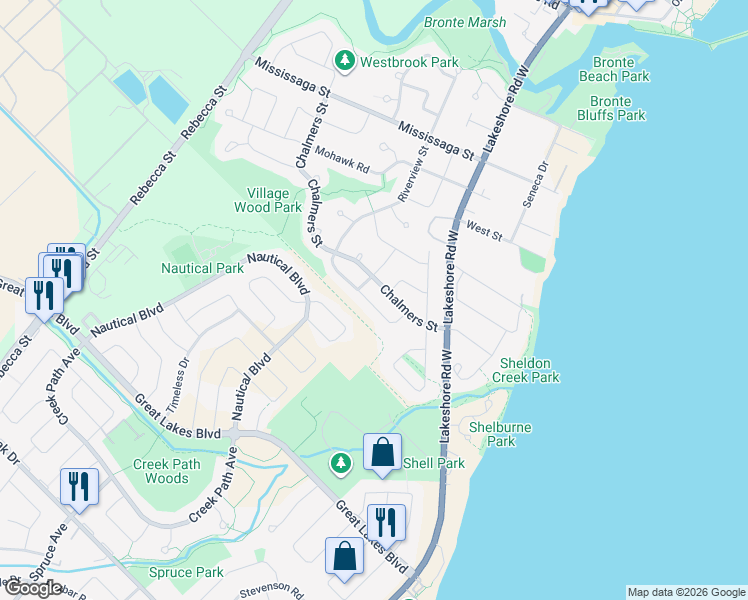 map of restaurants, bars, coffee shops, grocery stores, and more near 139 Riverview Street in Oakville