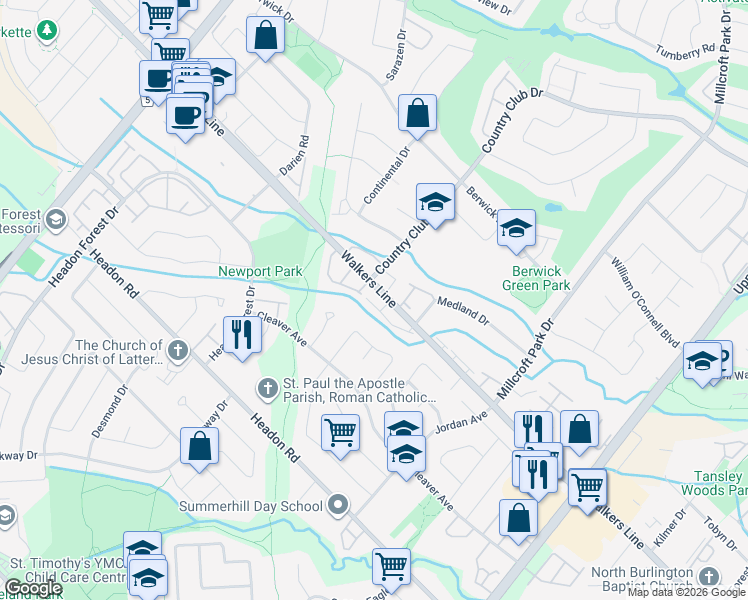 map of restaurants, bars, coffee shops, grocery stores, and more near 2252 Walkers Line in Burlington