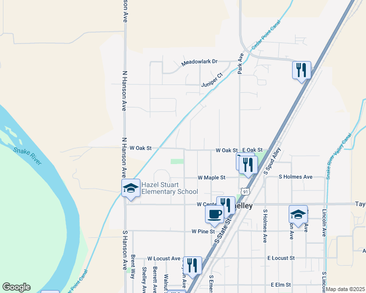map of restaurants, bars, coffee shops, grocery stores, and more near 279 North Byron Avenue in Shelley