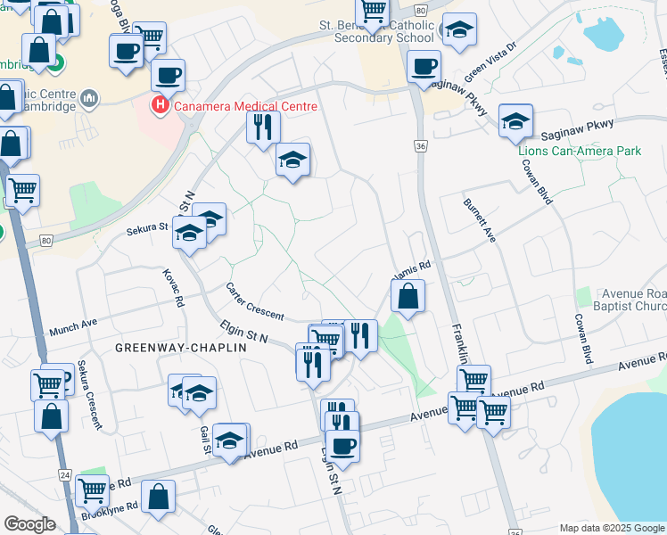 map of restaurants, bars, coffee shops, grocery stores, and more near 71 Bradbury Crescent in Cambridge