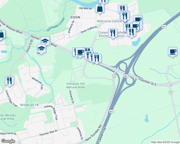 map of restaurants, bars, coffee shops, grocery stores, and more near 99 Conestoga College Boulevard in Kitchener