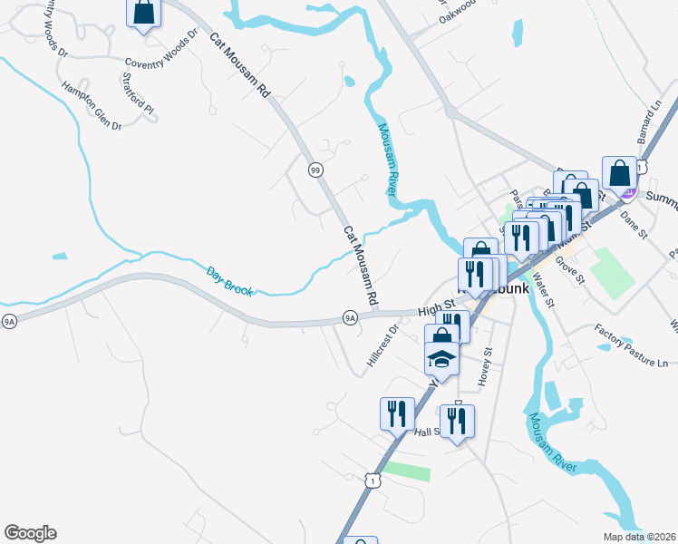map of restaurants, bars, coffee shops, grocery stores, and more near 15 Hillcrest Drive in Kennebunk