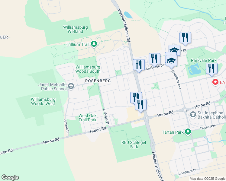 map of restaurants, bars, coffee shops, grocery stores, and more near 60 Postmaster Drive in Kitchener
