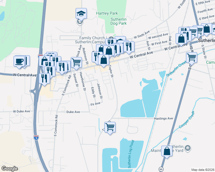 map of restaurants, bars, coffee shops, grocery stores, and more near 1050 West Central Avenue in Sutherlin