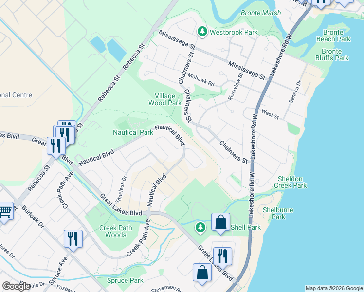 map of restaurants, bars, coffee shops, grocery stores, and more near 220 Nautical Boulevard in Oakville