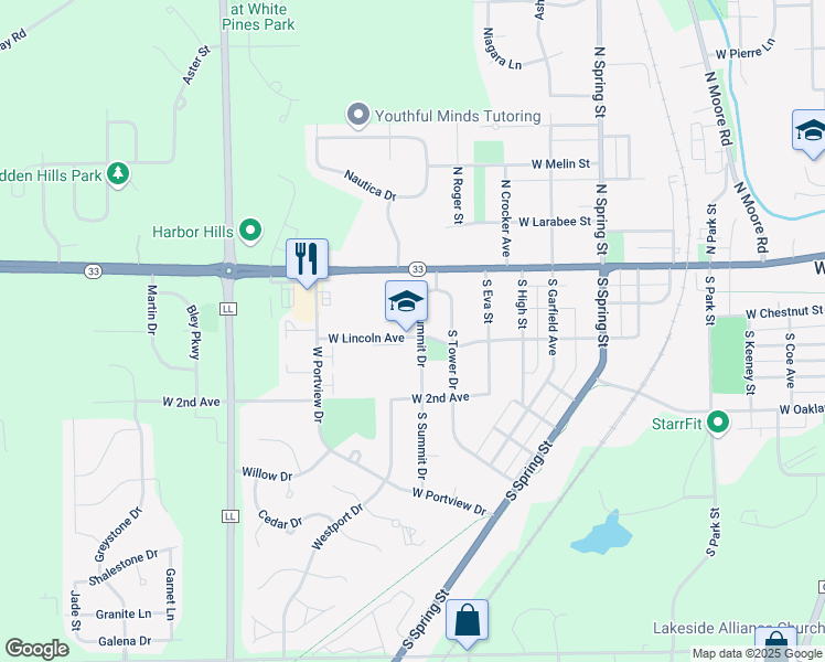 map of restaurants, bars, coffee shops, grocery stores, and more near 1215 West Lincoln Avenue in Port Washington