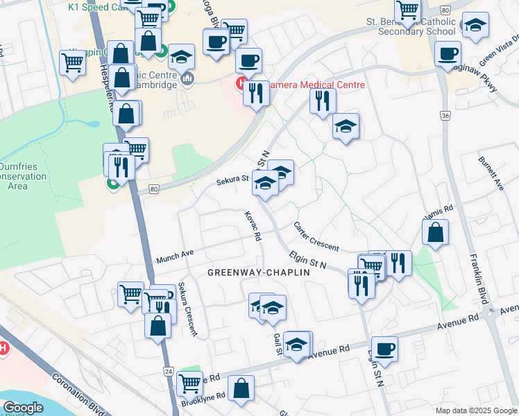 map of restaurants, bars, coffee shops, grocery stores, and more near 662 Elgin Street North in Cambridge