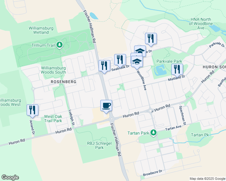 map of restaurants, bars, coffee shops, grocery stores, and more near in Kitchener