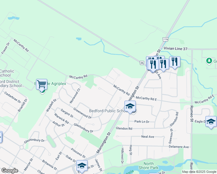 map of restaurants, bars, coffee shops, grocery stores, and more near 31 Campbell Court in Stratford
